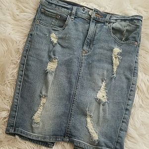 Distressed Denim Pencil Skirt